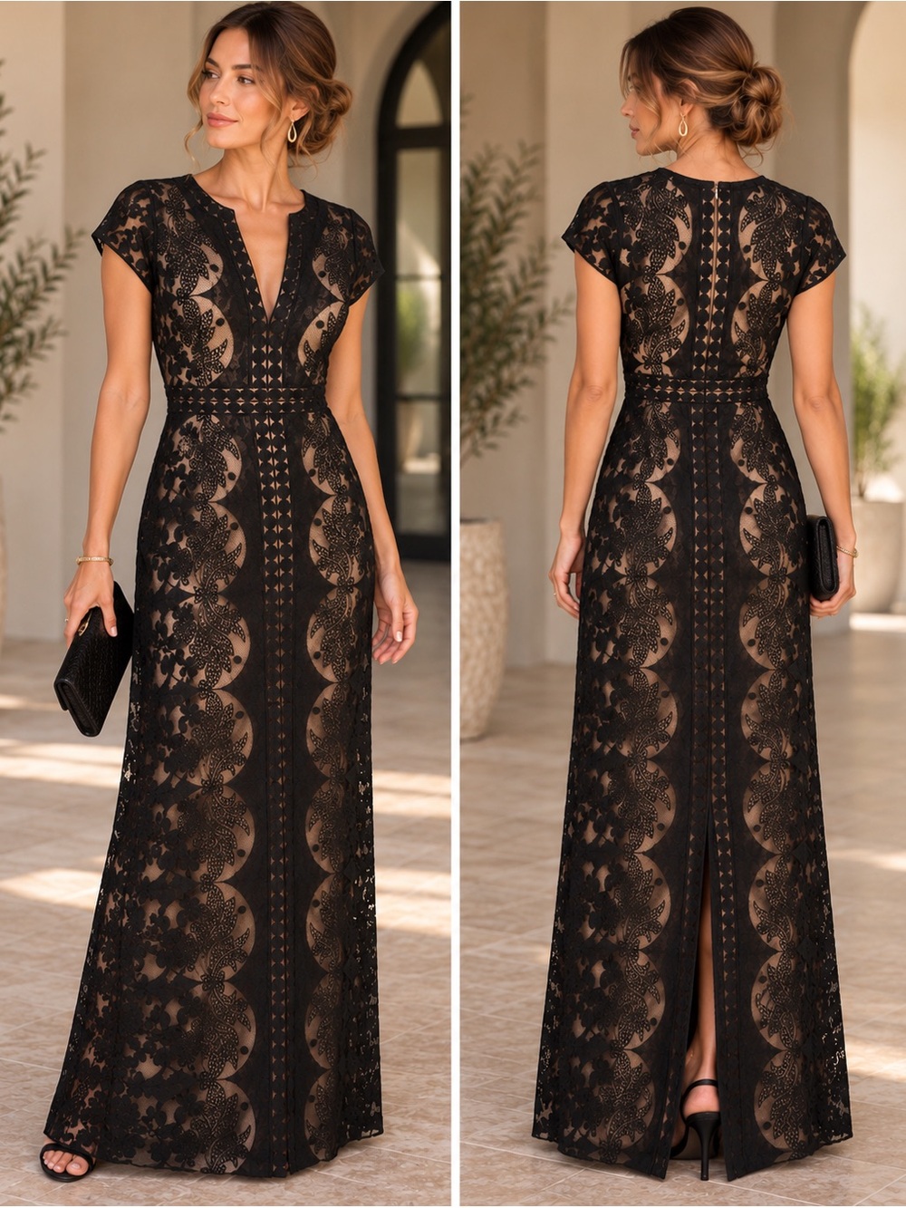 BCBGMAXAZRIA Runway Black Lace Nude Illusion Maxi Dress Size 10